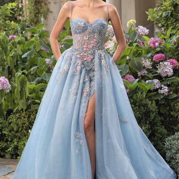 Blue formal prom dress.Party evening gala pageant floral corset wedding guest - Picture 1 of 6